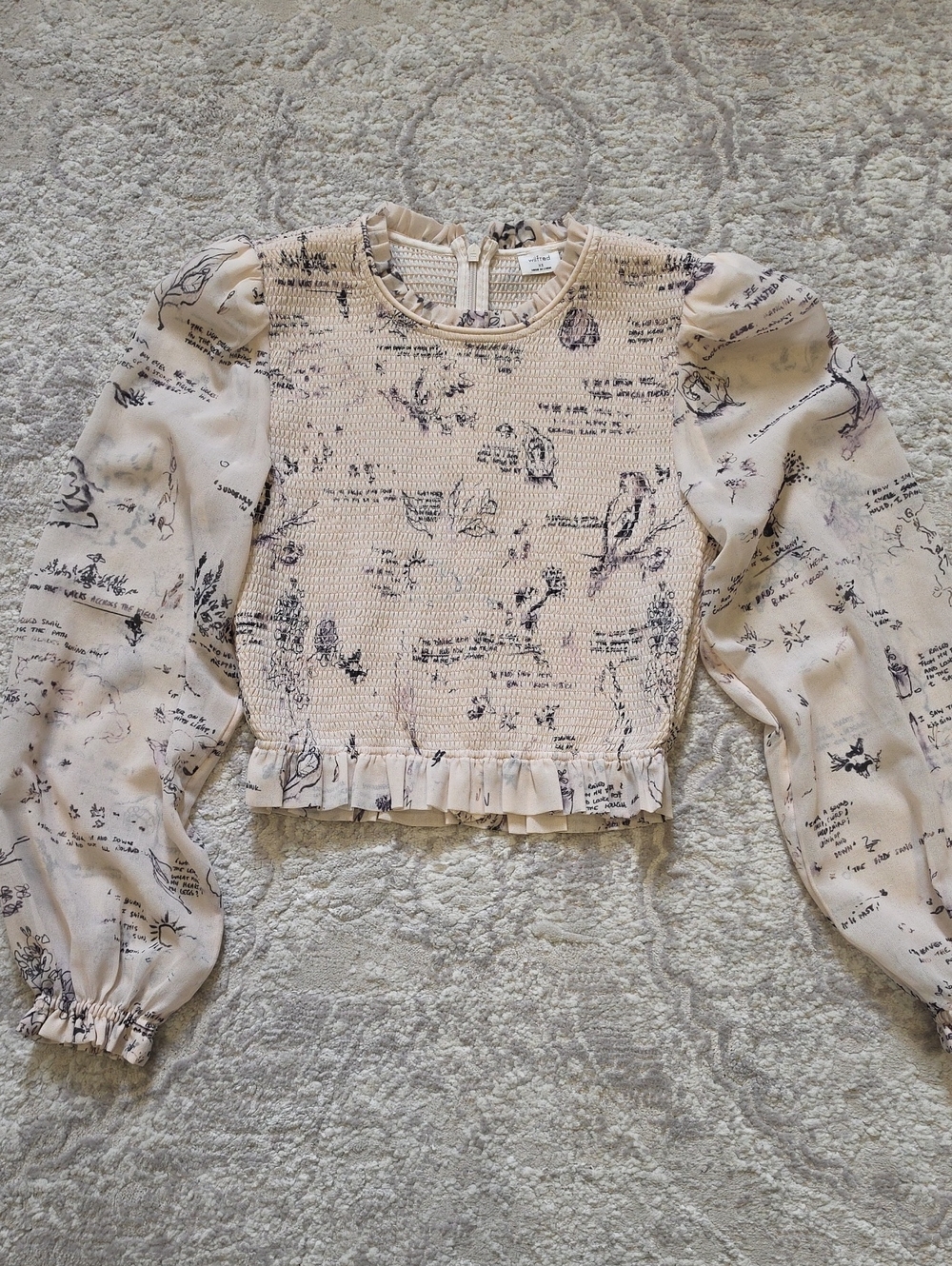 Wilfred Cream Smocked Puff-Sleeve Printed Crop Top